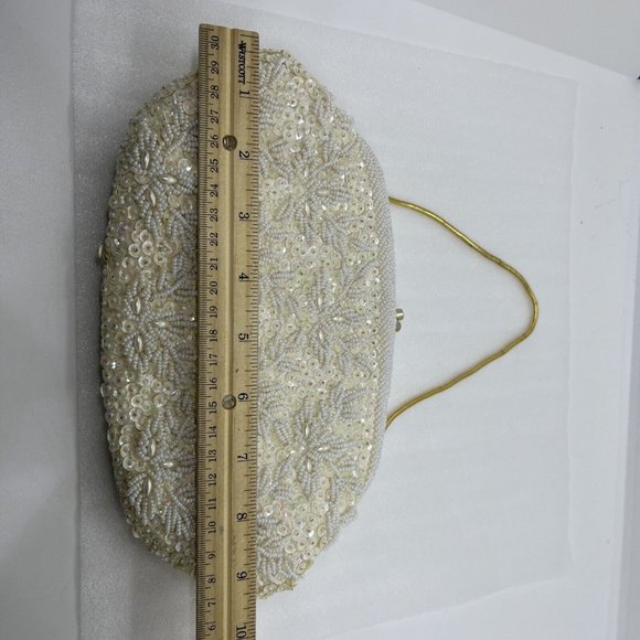 Vintage Beaded Purse Kiss Lock Bags by Debbie Cream White Shimmer Gold 9.5x5.5” - Picture 15 of 16